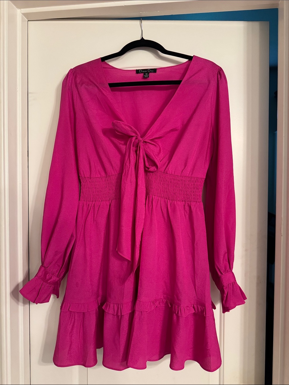 Diane Day Fuchsia Tie-Front Long Sleeve Mini Dress